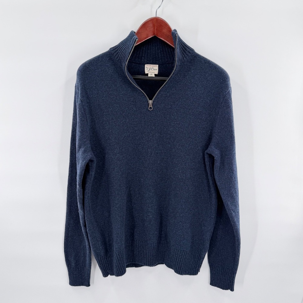 J.Crew Preppy Rugged Merino Wool Quarter Zip Marled Navy Sweater Men's M Classic